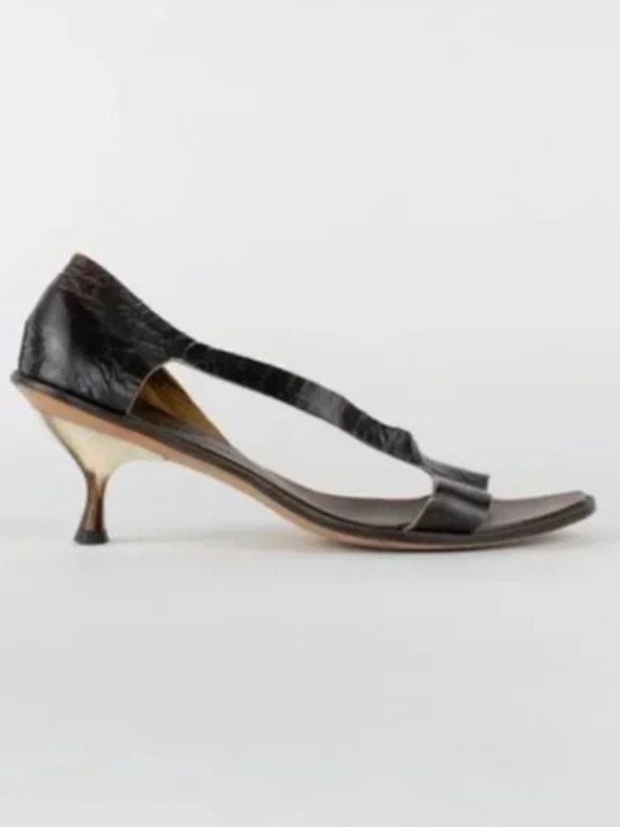Cydwoq Vintage Black Leather Spool Heel Sandals
